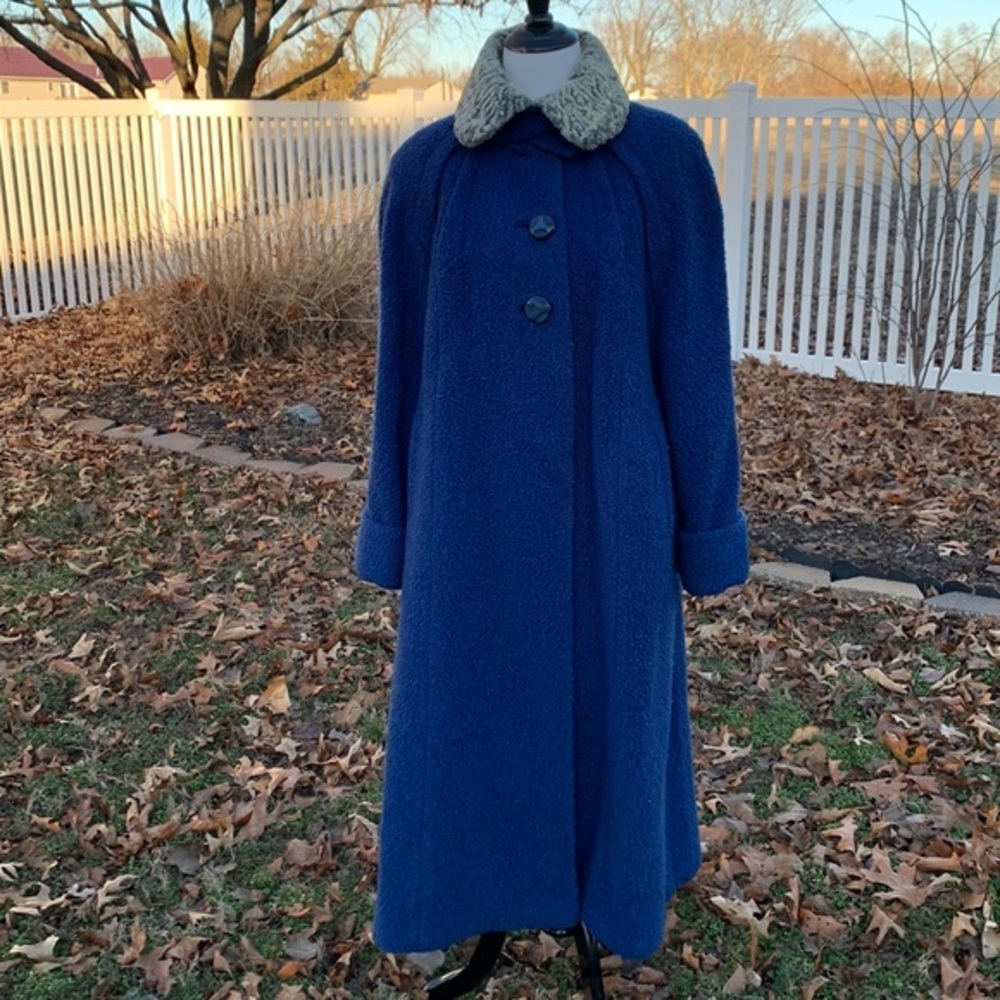 Vintage 50s 60s Blue Boucle Wool Persian Lamb Collar Maxi Coat M/L